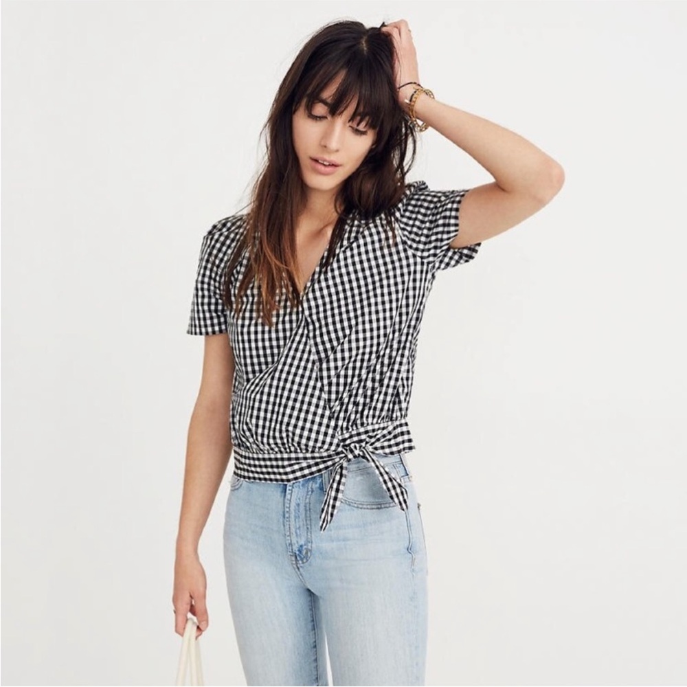 Madewell Short-Sleeve Wrap Top in Gingham Check